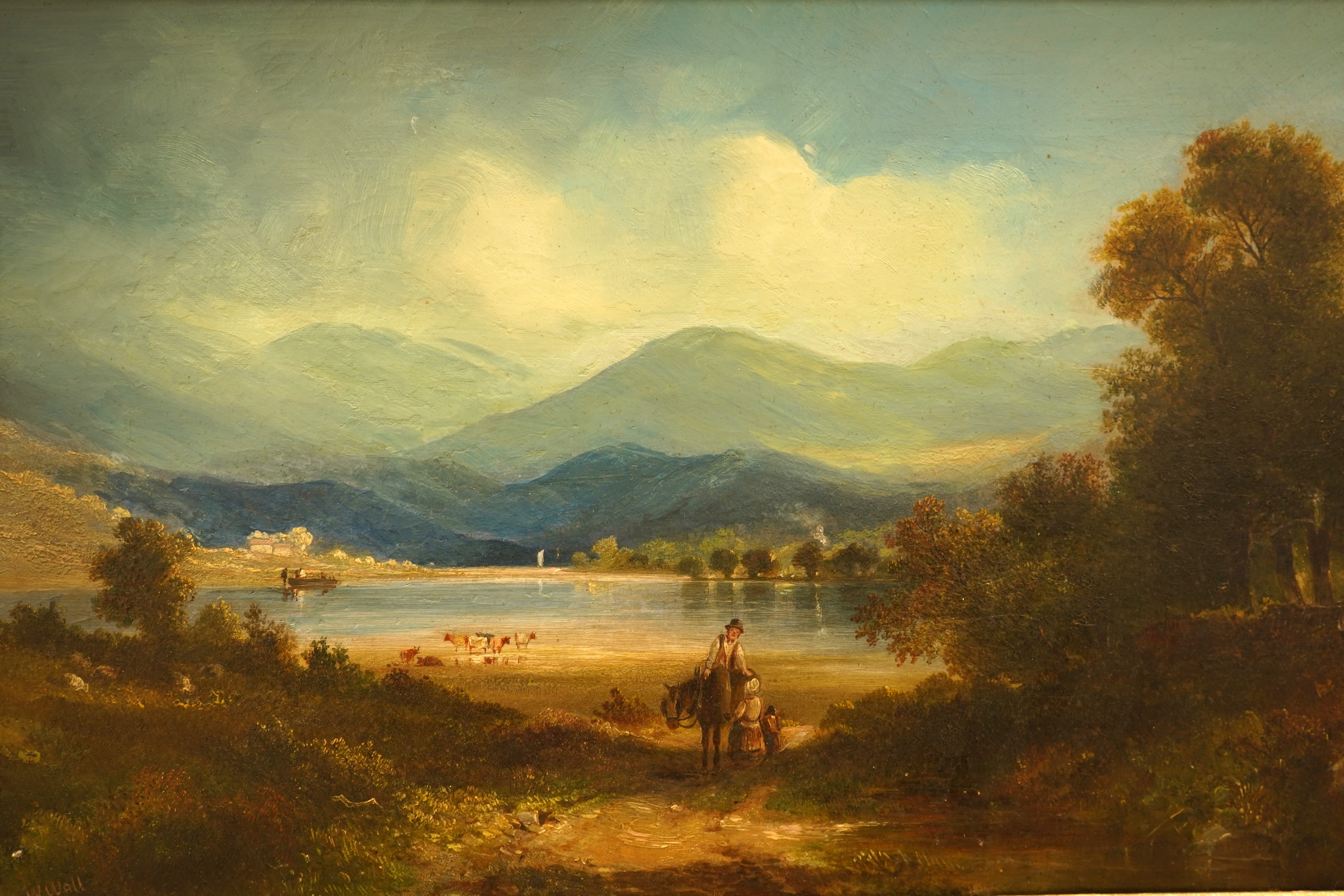 W. Wall, Lakeside mountainous landscape, signed, oil on canvas, 29 x 54cm, ornate gilt frame